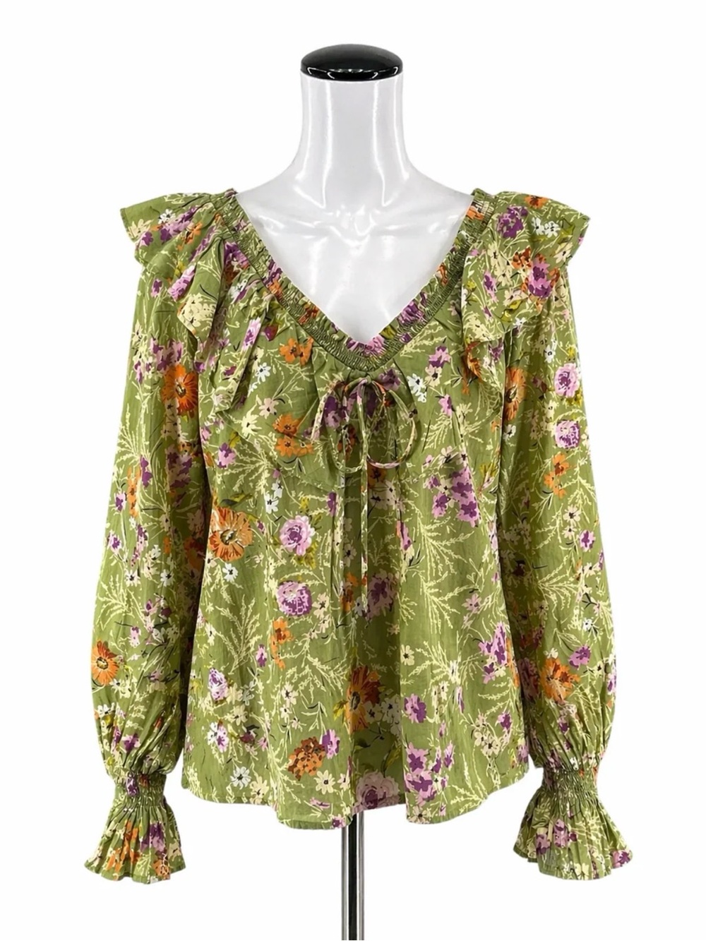 Anthropologie ruffled v-neck peasant blouse green floral 2X - Picture 2 of 4